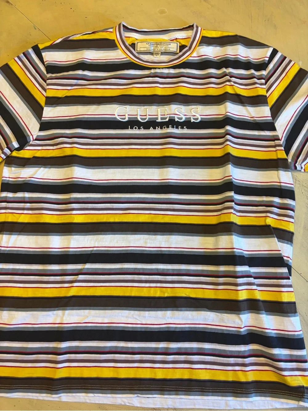 Guess Originals Striped T Shirt Mens L Colorful Embroidered USA Jeans Retro 90s - Picture 2 of 6